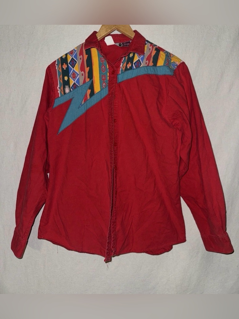 Vtg Cameo Rose Western Shirt Womens 9/10 Red Southwestern Geometric Yoke USA